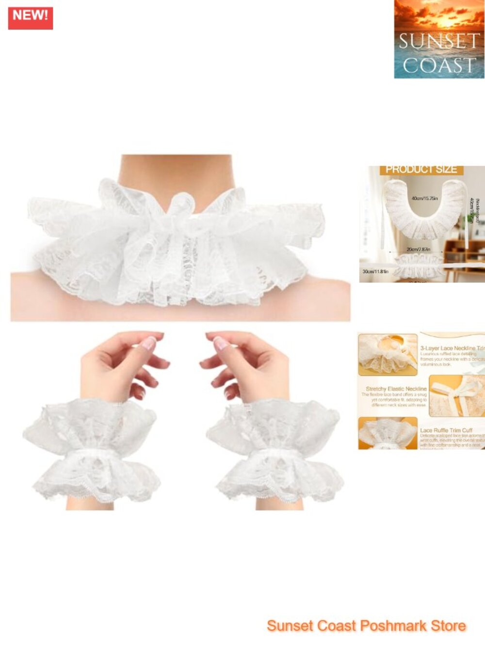 Vintage Lace Neck Ruffle Collar & Wrist Cuffs Set Victorian Detachable Costume